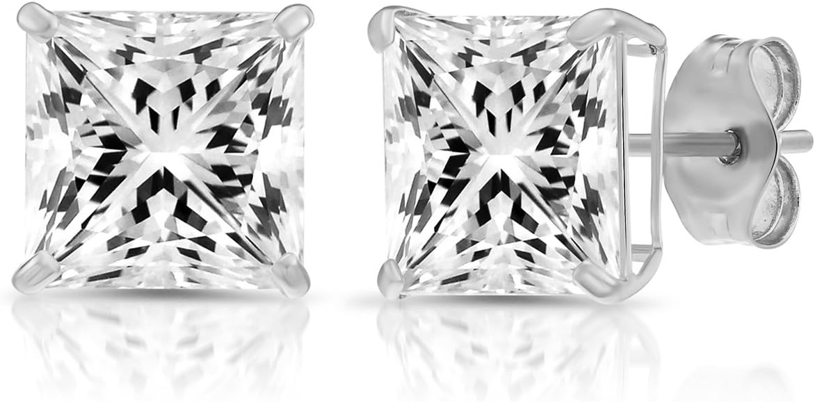14k White Gold Princess Cut CZ Stud Earrings Real Gold Cubic Zirconia Studs with Solid Gold Backs Square