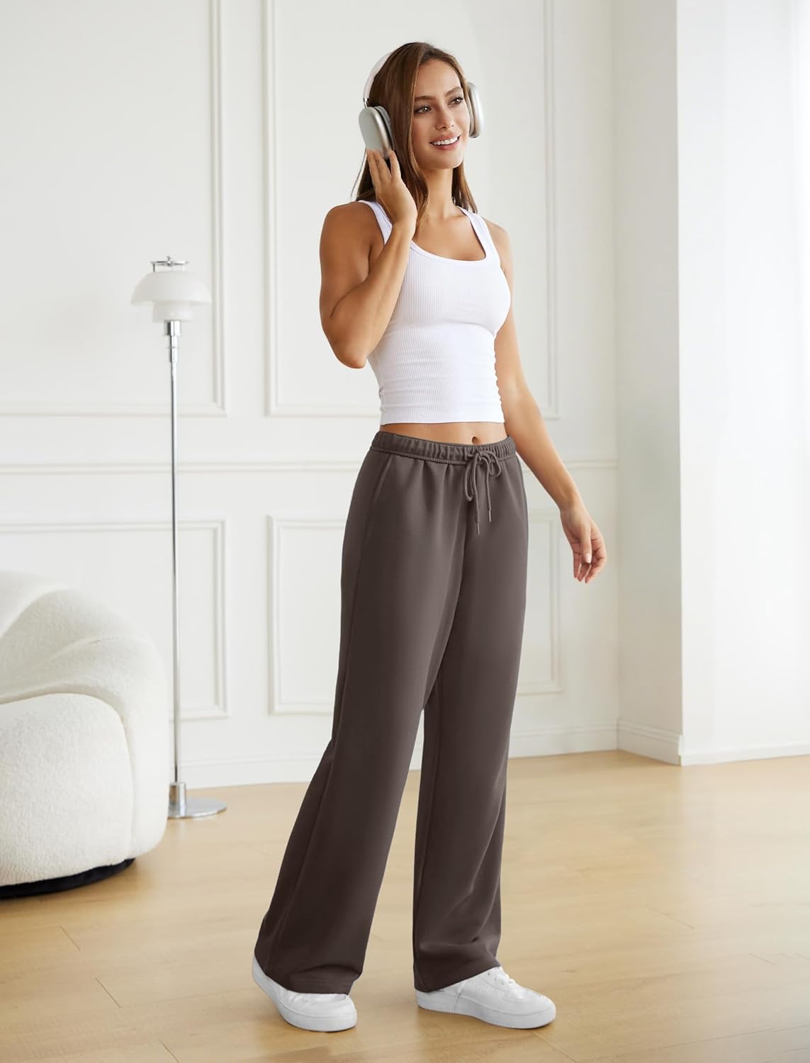 Womens Wide Leg Sweatpants Interior Drawstring Baggy Sweat Pants with Pockets Elastic Waisted Lounge Casual Trousers Coffee - Image 5