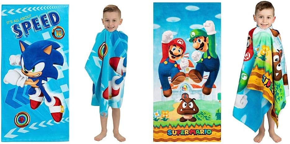 Franco Kids Super Soft Cotton Beach Towels, 58 in x 28 in, Sonic The Hedgehog and Super Mario 'Official Nintendo'