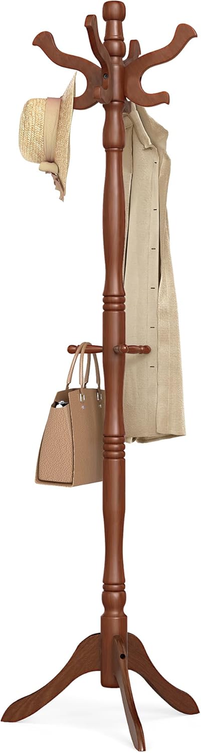 VASAGLE Solid Wood Coat Stand with 11 Hooks, Freestanding Hall Tree for Entryway, Rubberwood, Caramel Brown URCR05WN