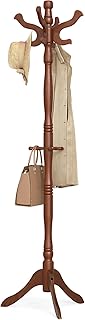 VASAGLE Coat Stand, Solid Wood Freestanding Coat Rack with 11 Hooks, Hall Tree for Bags, Purses, Hats, for Entryway, Hallway, Rubberwood, Caramel Brown URCR05WN