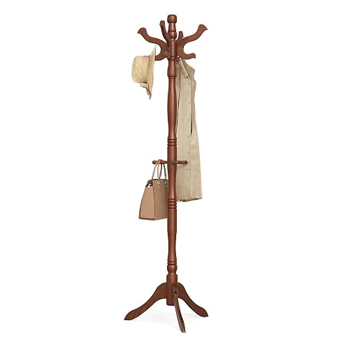VASAGLE Freestanding Coat Rack, Rubber Wood Coat Tree with 11 Hooks | Hat Stand Garment Rack, 20.5 x 17.8 x 70.9 inch, for Hallway, Walnut Brown, ADAIR Collection URCR05WN