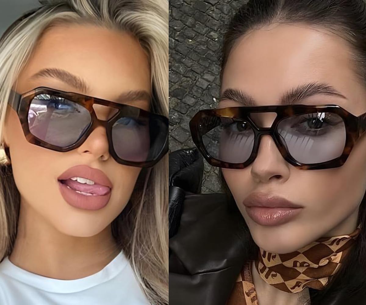 Trendy Aviator Sunglasses for Women Men Hexagonal Square Thick Frame Double Bridge Sun Glasses Shades BS1300 - Image 2