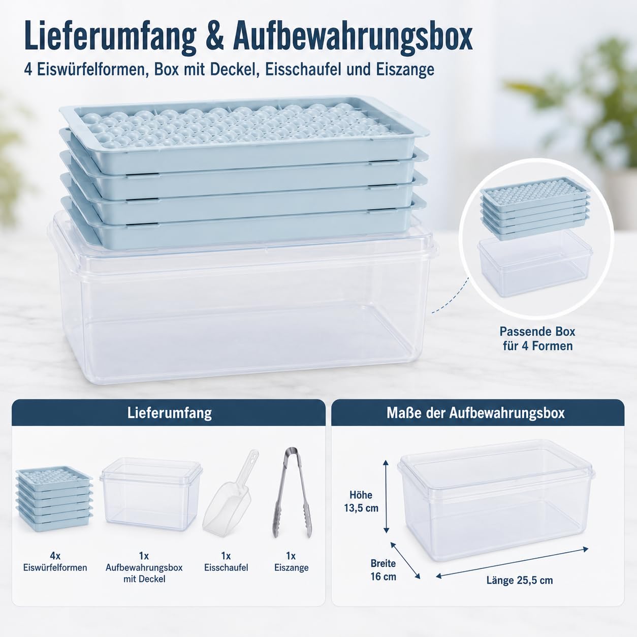 Eiswürfelform mit Deckel, Ice Cube Tray 4er Set, 416 Kugeln | 4 Eiswürfelformen mit Deckel für 416 runde Mini Eiskugeln, ideal für Drinks, Cocktails, Eiskaffee und Barzubehör.