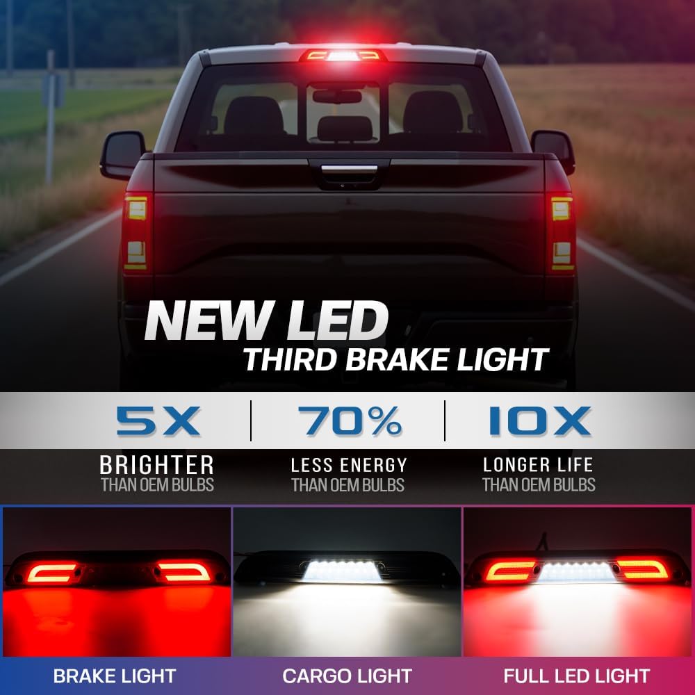 LED Third 3rd Brake Light for 2015-2026 F150 F'ord 2017-2022 F'ord F250 F350 F450 F550 Super Duty Ranger Maverick Mount Rear F1 Style Strobe Brake Lights with Seal Gasket White Cargo lamp Assembly