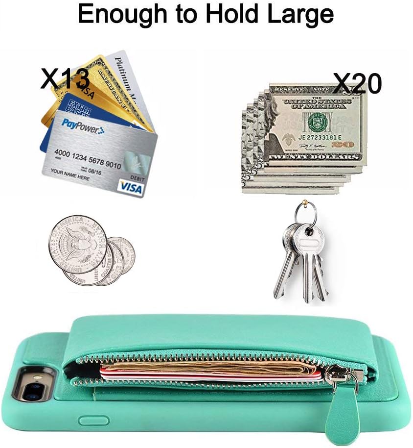 LAMEEKU iPhone 7 Plus Zipper Wallet Case, iPhone 8 Plus Leather Case, Shockproof Apple 7 Plus Credit Card Holder Slot Cases, Protective Kickstand Cover for Apple iPhone 7 Plus/8 Plus 5.5"- Mint Green