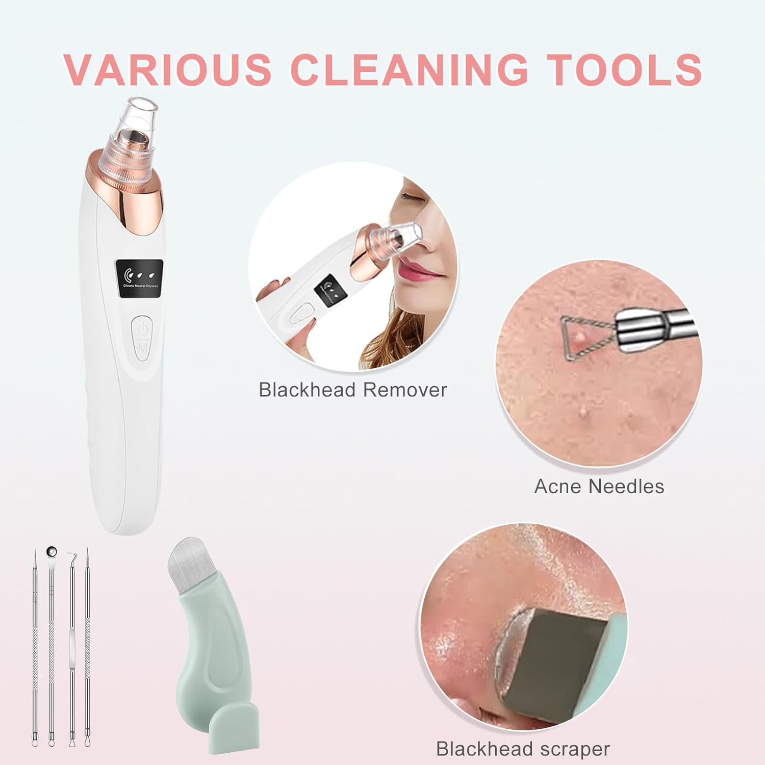 2026 Pore Vacuum, Blackhead Remover with 3 Adjustable Suction Levels, USB Rechargeable, 5 Replaceable Heads for Face Deep Cleansing, Includes Blackhead Spatula for Women & Men Blackhead Remover Vacuum - Image 2