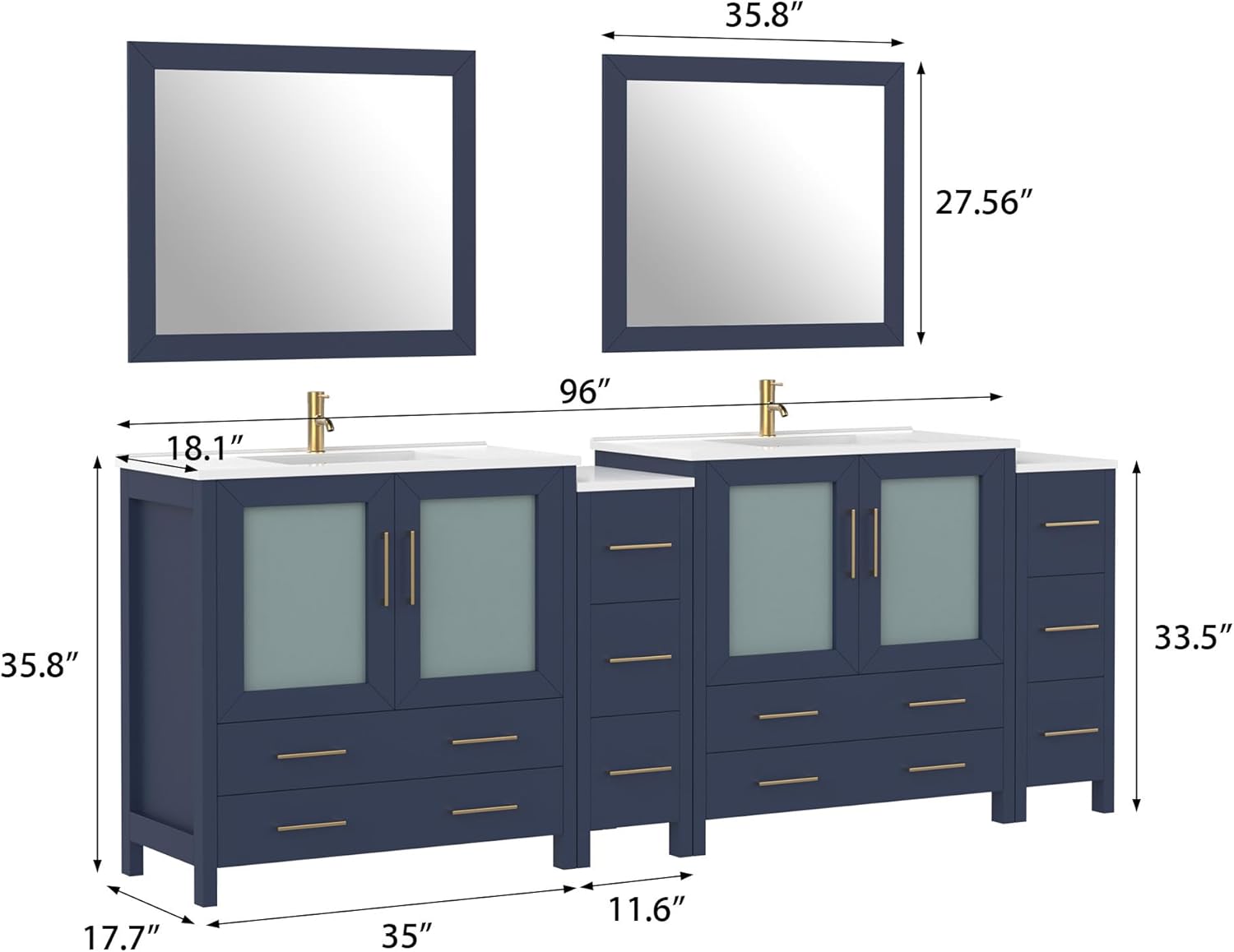 HomeBeyond 96 Inch Bathroom Vanity with Sink & Ceramic Top, Double Bath Vanity Cabinet with Basin, Soft-Closing Doors, Blue