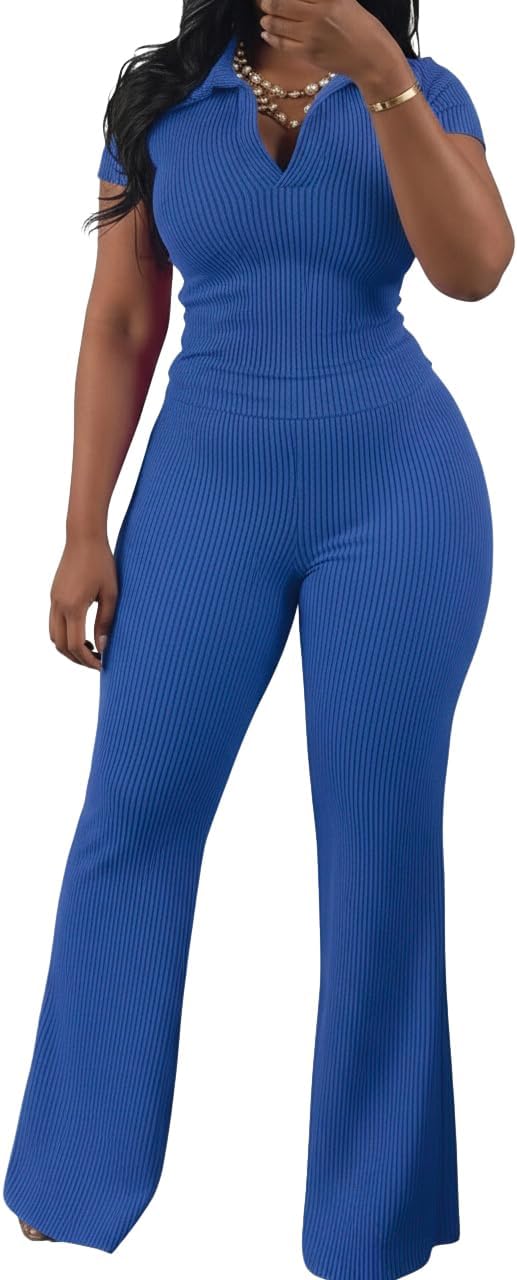 HBQ Women Two Piece Outfit Ribbed Short Sleeve V Neck Polo Top and Flare Pants Casual Lounge Sets Tracksuit