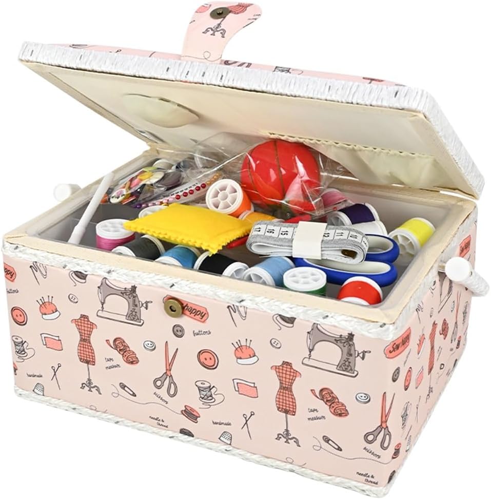 Large Vintage Sewing Basket with Complete Set, Sewing Box for Sewing Supplies with Accessories Includes Bobbin Threads, Scissors Buttons Measuring Tape Needles Seam Ripper Pin Cushion