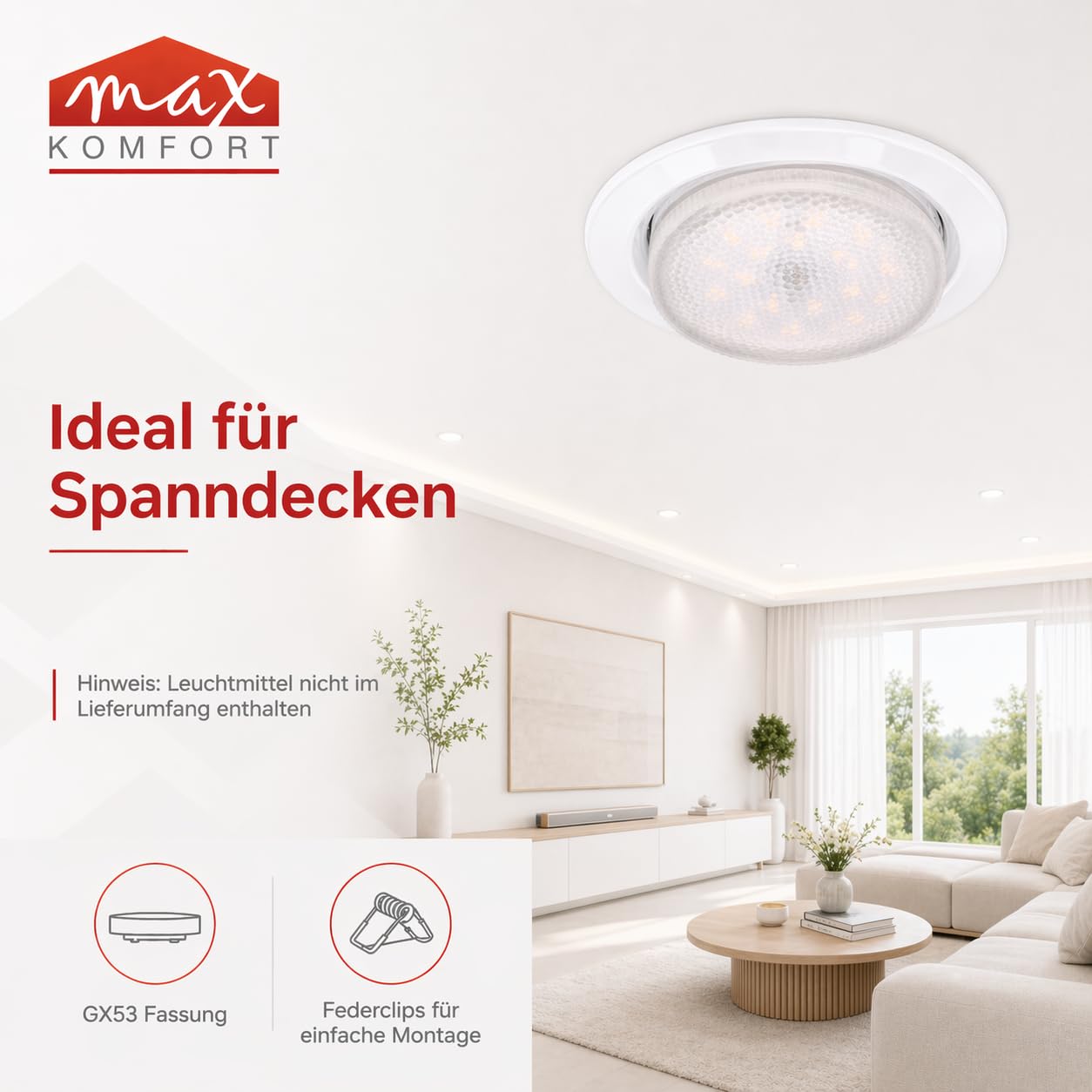 Maxkomfort 20er Set LED Einbaustrahler GX53 Fassung Weiß - Max 13W Einbauleuchte Deckenstrahler Ø90mm Bohrloch 35mm Flache Einbautiefe - Metall Deckenspot Einbauspot für Wohnzimmer Hausbau - GX61-WH