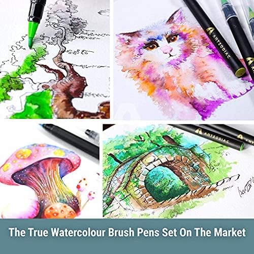 ARTZODIAC Watercolour Brush Pens Set, 26 Premium, Water Based, 1 Black Fineliners, Blending Pen, Art Supplies, Calligraphy Pens, Arts and Crafts, Perfect for Gift, Bullet Journal Accessories