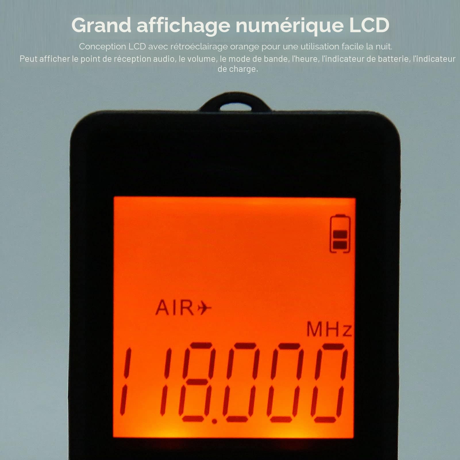 Récepteur Radio de Bande D'aéronef, Radio Portable AM FM Portable FM/AM/AIR avec écran LCD et écouteurs, Batterie au Lithium 400 MAh Intégrée