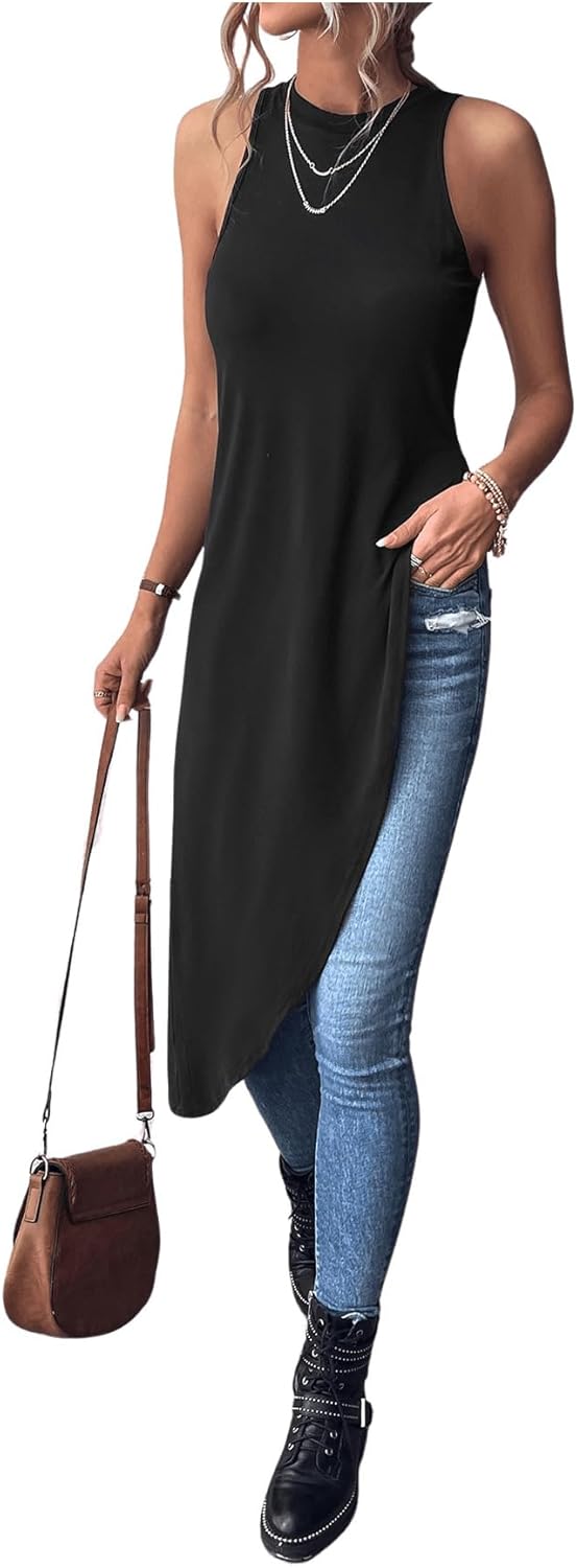 Milumia Women's Asymmetrical Hem Crew Neck Long Tank Top Sleeveless Tunic Tops Shirts - Image 3