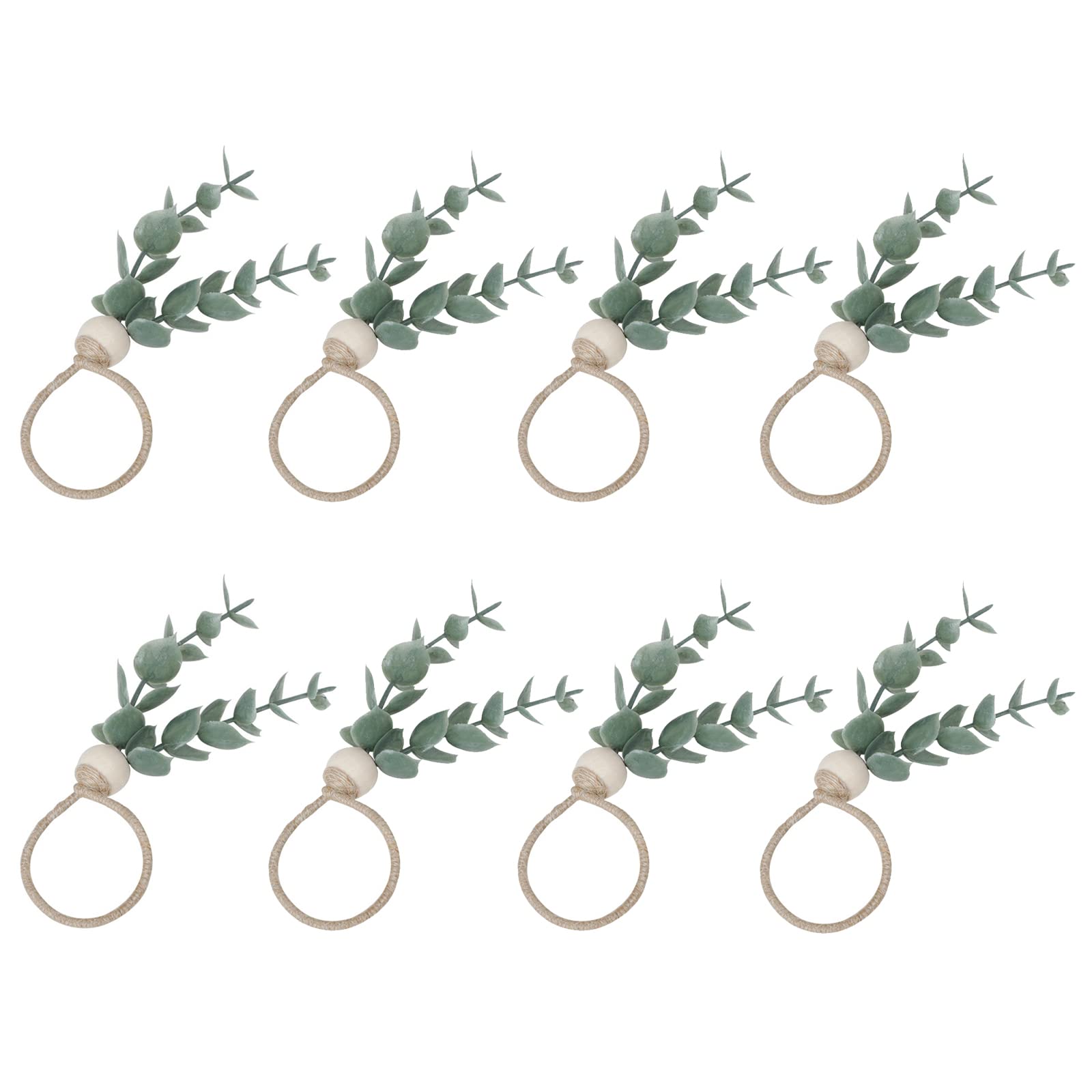 Flueyer Green Leaf Napkin Rings Set Of 8, Handmade Eucalyptus Napkin Rings Rustic Wooden Beads Napkin Ring Holder For Wedding Dinner Party Banquet Buffet Festival Table Decor
