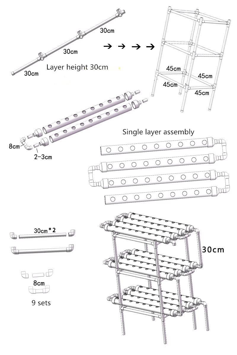 Hydroponic Kit de culture 108 sites d'usine 3 plantes couchées PVC hydroponique 12 tubes Système de culture hydroponique pour culture aquatique Jardin pour légumes dans la maison
