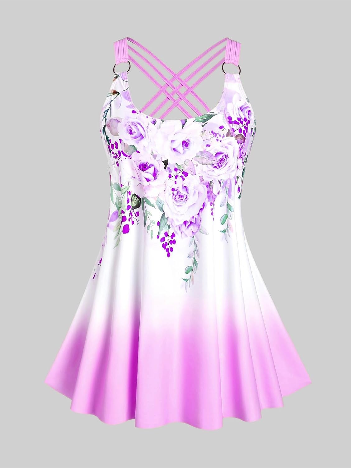 ROSE GAL Womens Plus Size Curve Ombre Color Floral Print Crisscross Modest Tankini Swimsuit Set