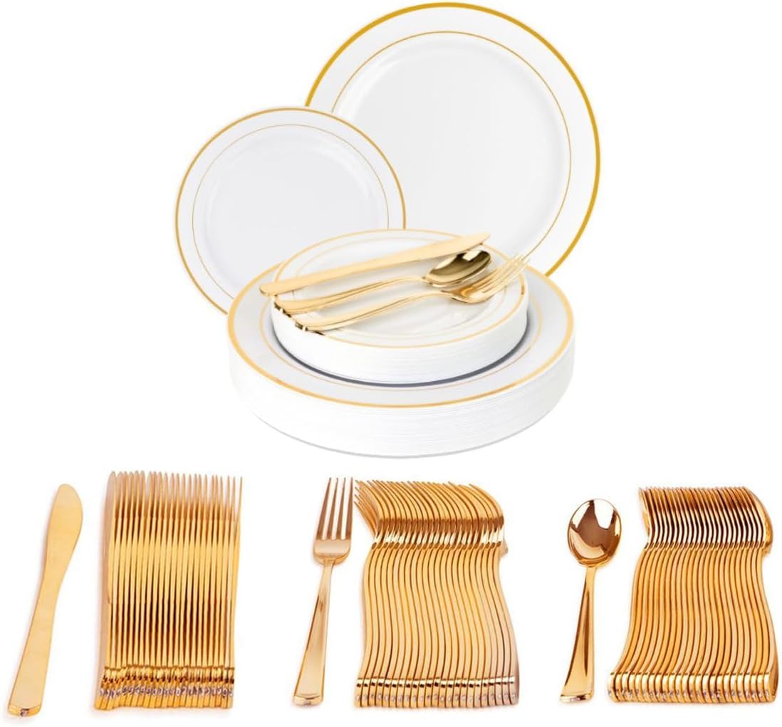 PARTY BARGAINS 125 Disposable Plastic Dinnerware Set for 25 Guest - Gold Settings, 25 Each: 10" Dinner Plates, 7" Salad/Dessert Plates, Forks, Knives, Spoons for Weddings, Bridal Showers, Birthday