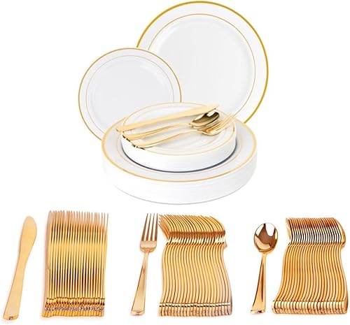 PARTY BARGAINS Juego de vajilla de plástico desechable 125 para 25 invitados, 25 de cada uno platos llanos de 10 pulgadas, platos de ensaladapostre