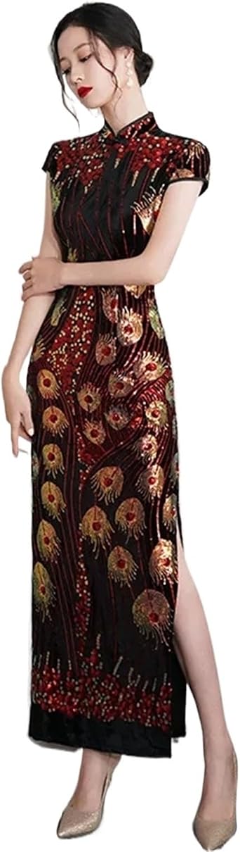 Lady Sequins Qipao Sexy Cheongsam Classic Mandarin Collar Chinese Dress Velvet Evening Party Vestidos Chinese Cheongsam