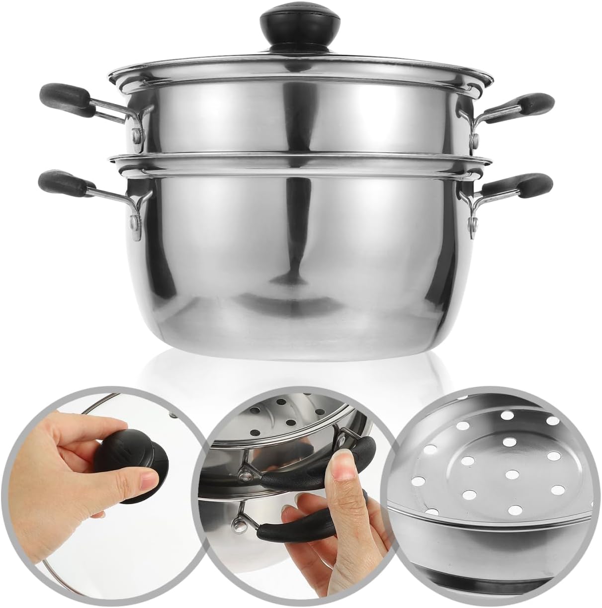 PRETYZOOM Stainless Steel Steamer Pot 9 Inch with Lid Multi-Use Steam Pot for Cooking Vegetables Seafood and Soup Kitchen Cookware