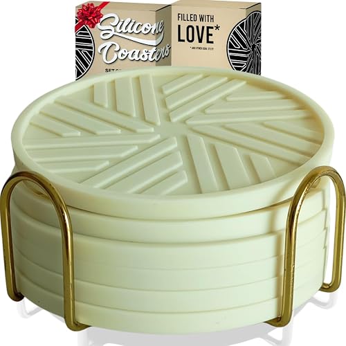 Silicone Coasters Set of 6 with Gold Holder and Modern smart Pattern, Protection for Coffee Table - Ivory