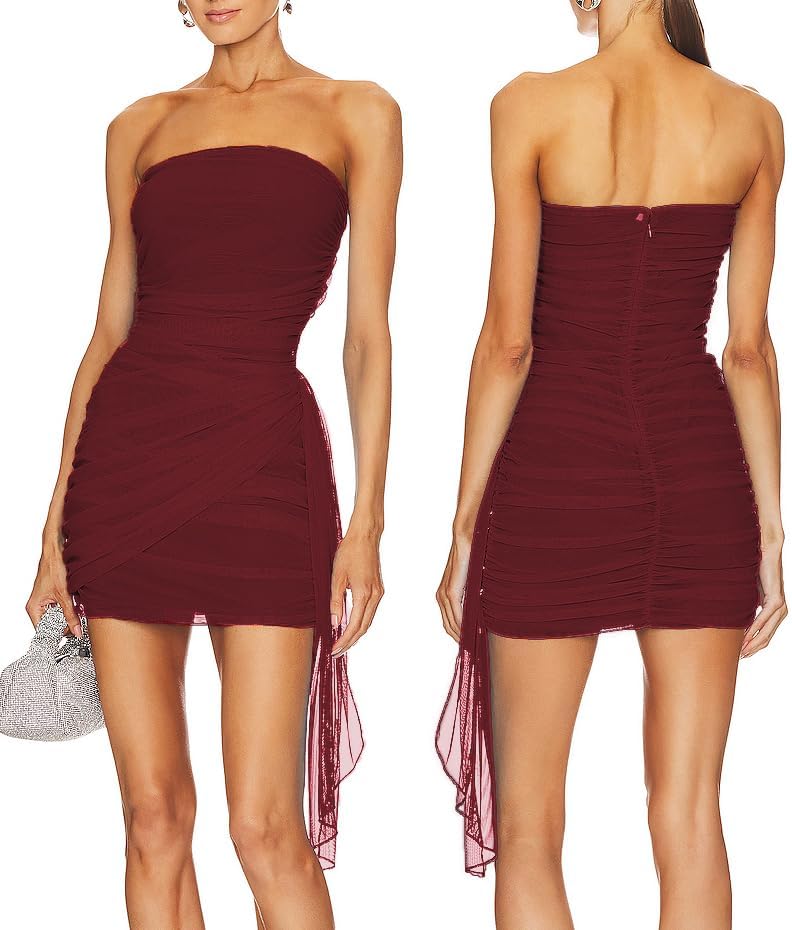 ALENDA DANMOS Women Strapless Bodycon Mini Dress Corset Tube Chic Short Dresses Ruched Mesh Draped Cocktail Party Dress 309