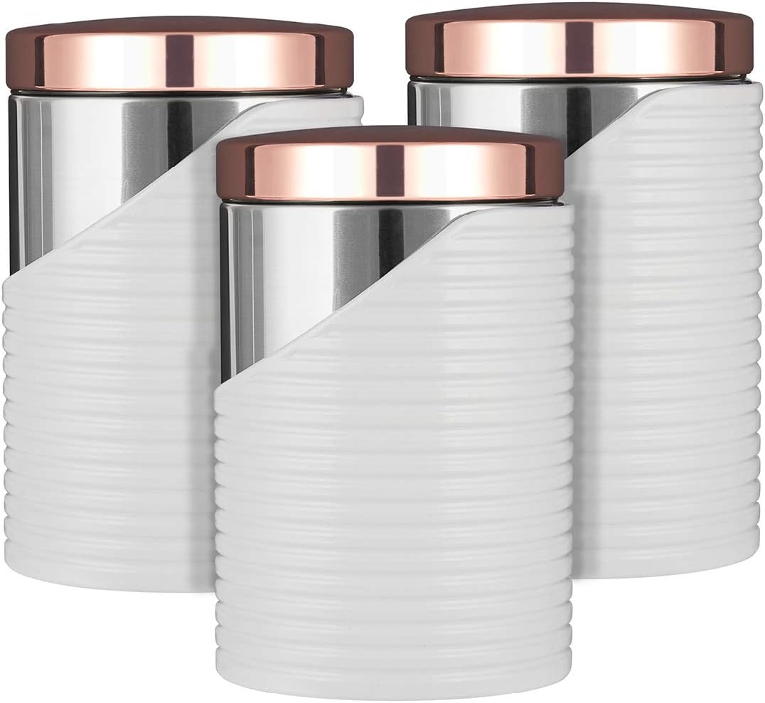 TOWER Linear Set of 3 Storage Canisters, 11.6 x 11.6 x 17 cm, White and Rose Gold