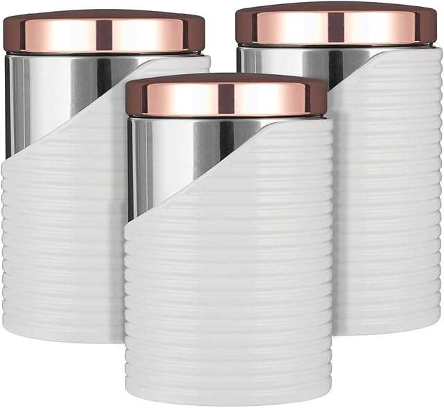Tower Linear T826001RW Set of 3 Canisters with Air Tight Lid and Polished Stainless Steel, White and Rose Gold, 11.6 x 11.6 x 17 cm