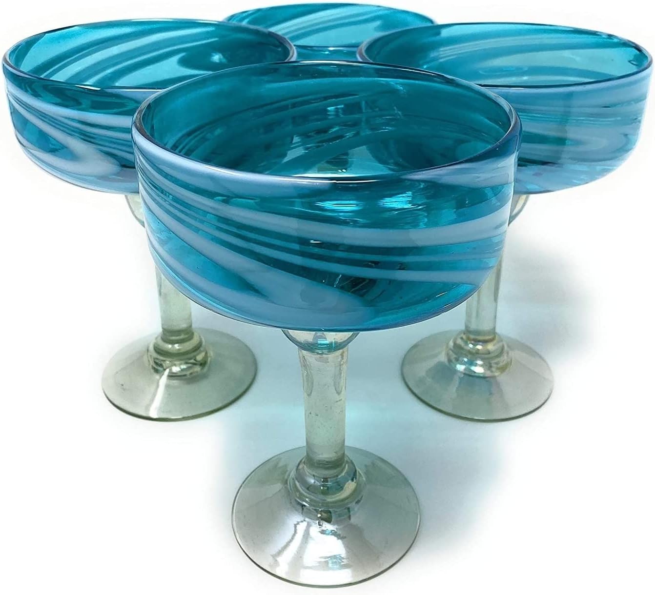 Dos Mexican Hand Blown Glass Set of 4 Glasses Aqua Swirl (16 Oz) Blue