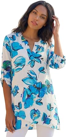 Roman Originals Floral Print Tunic Top for Women UK Ladies Casual Shirt Smart Blouse Asymmetric Wrap Hem Summer Holiday Party Cruise 3/4 Sleeve Longline Oversized