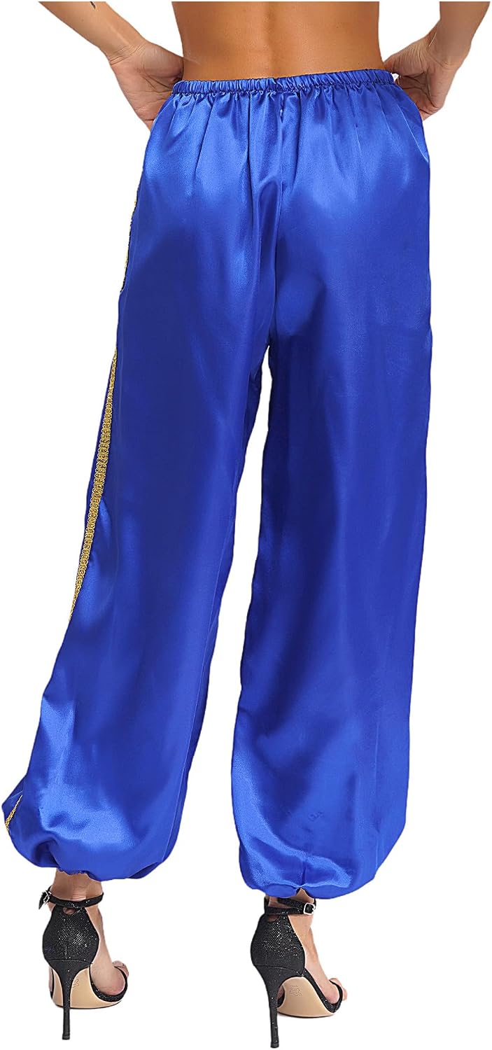 ranrann Women’s Casual Loose Waist Elastic Belly Dance Wide Leg Pants Satin Trousers