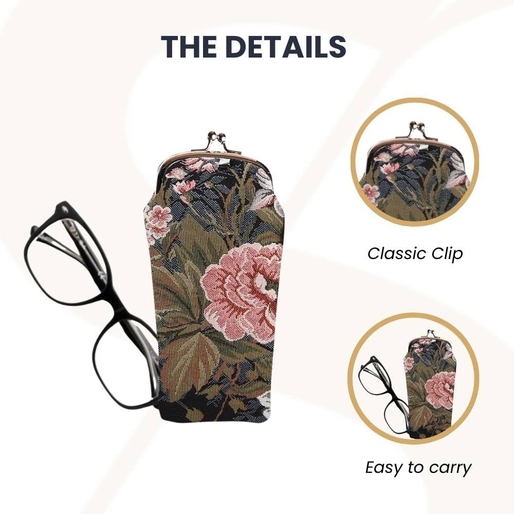 Signare Tapestry Glasses Case for Women Eyeglass Pouch With Peony Flower in Black Background Design GPCH-PEO