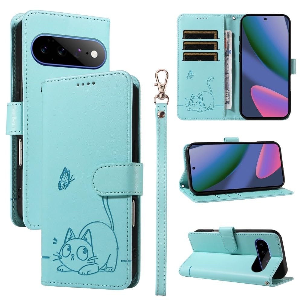 Coque Pixel 6A rabat cuir avec gravure chat et papillon - 8