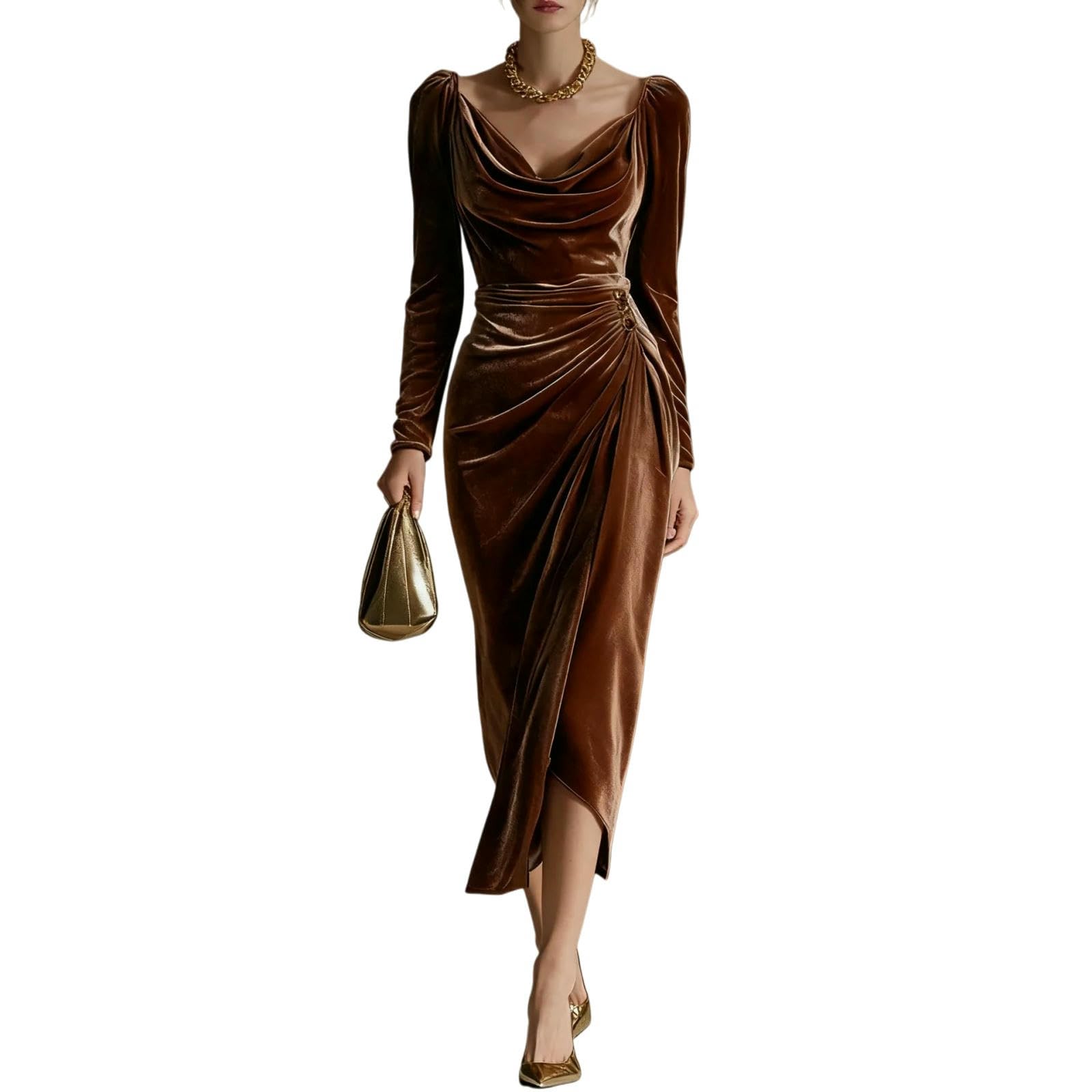 Vestito Donne Blush Rosa Velluto Midi Abito, Collo Mucca Manica Lunga Bodycon Abito da Sera con Split, Elegante Festa Ruched-Pink-XL
