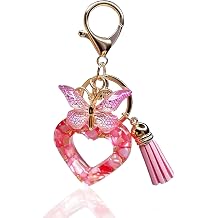 Pink Heart Keychain for Women, Shiny Resin Bag Charm with Butterfly and Tassel for Backpack Handbag Car, Best Friend Gift
