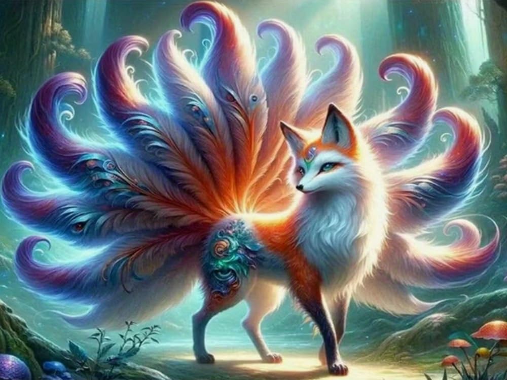 GLTEYACO Embroidery Cross Stitch Kit Nine-Tailed Fox 11CT Stamped Cross Stitch Kits DIY Adult Beginners for Pre-Printed Needlepoint Crafts 40x50 cm
