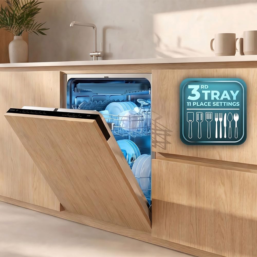 Інтер'єр view of the Cecotec Bolero Aguazero 4270 Full-BI dishwasher with upper and lower baskets loaded with dishes.