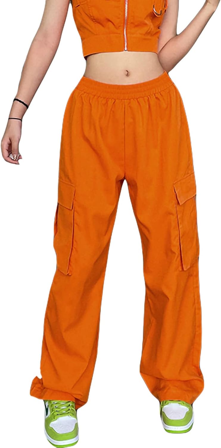 Muineobuka Women Halloween Orange Cargo Pants Elastic Waist Orange Wide Leg Parachute Pants
