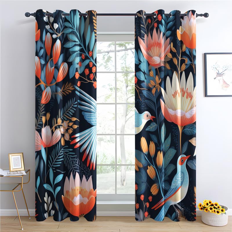 Rideau Occultant Floral - Rideaux Isolant Thermiques à Oeillets 140x200, Motif Fleurs Oiseau - Rideaux Salon Chambre Fenetre - Rideau Opaque - Lot de 2 Rideaux et Draperies Intérieurs