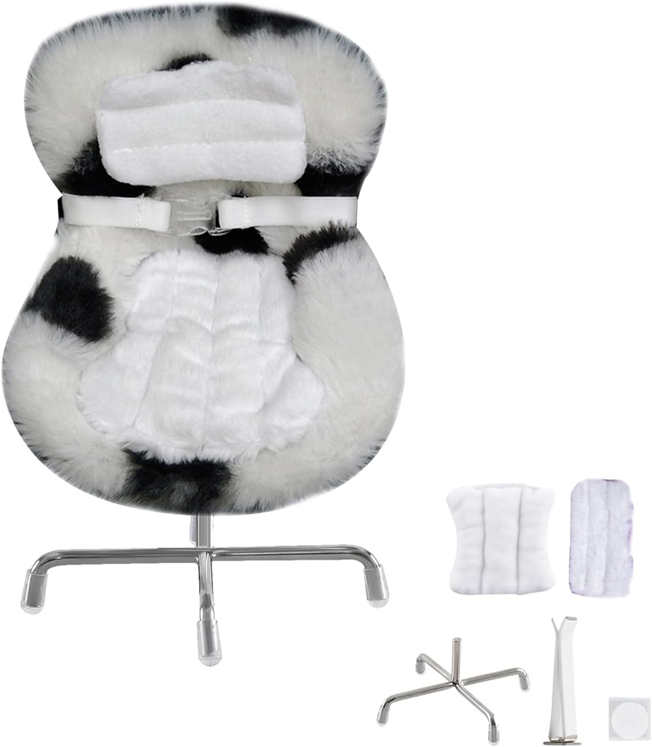 Plush car seat cushion ornament with transparent base featuring a seatbelt design, breathable clip accessories, accommodates 17cm dolls Suitable for collectors' gifts and desktop display (Black White)
