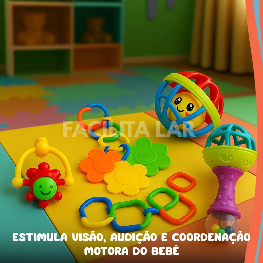 Kit Chocalho para Bebê 8 Peças Brinquedo Educativo Sensorial Mordedor Infantil Colorido Desenvolvimento Motor Kit Chocalho para Bebê 8 Peças Brinquedo Educativo Sensorial Mordedor Infantil Colorido Desenvolvimento Motor