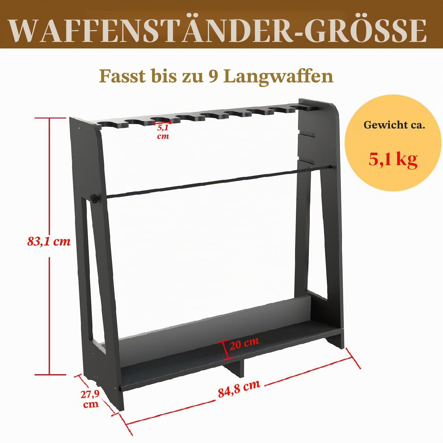 Waffenständer für den Innenbereich – freistehender Boden aus Holz, Gewehrständer, vertikale Schrotflintenaufbewahrung und Präsentationsständer mit Schutzseil, verstellbare Höhe für bis zu 9