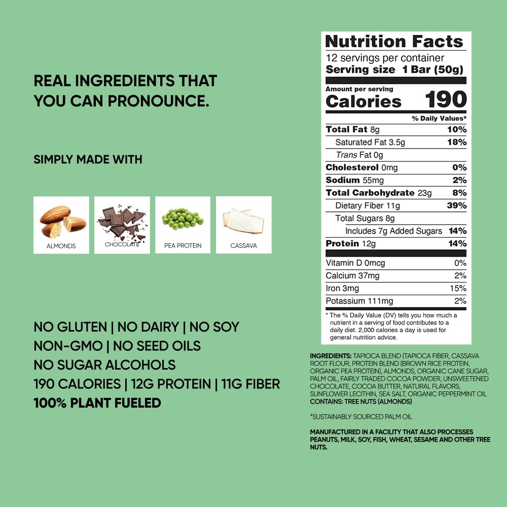  Vegan Protein Bar,It's Mint To Be Chip, Gluten Free, Plant Based Protein, Dairy Free, Non GMO, Soy Free, No Sugar Alcohols, 12G Protein, 12G Fiber, 23G Carb, On the Go Snack Bars, 12ct thumbnail