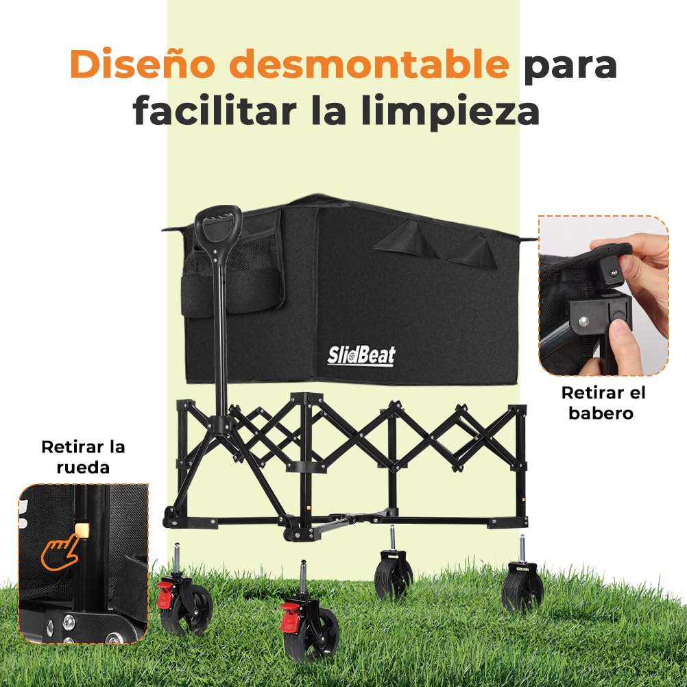 SLIDBEAT Carro de Playa Plegable (150L) para Camping, Picnic y Jardín. Carga 150KG, Ruedas Todo Terreno, Doble Freno y Mango Ajustable. Recipiente Interior Extraíble y Lavable a Máquina