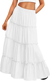TrendyQueen Boho Maxi Skirt for Women - High Waist Elastic Long Skirt with Pockets, Flowy Vacation Outfits