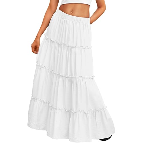 Trendy Queen Long Skirts for Women Boho Maxi Skirt Summer Swing Tiered A-Line Elastic High Waist Dress with Pockets Fashion