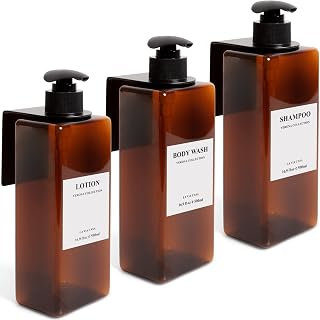 Shampoo Dispenser for Shower Wall 3 Chamber - Drill Free Shower Soap Dispenser Wall Mounted with Waterproof Labels - 3 Bottles 3 Wall Mounts