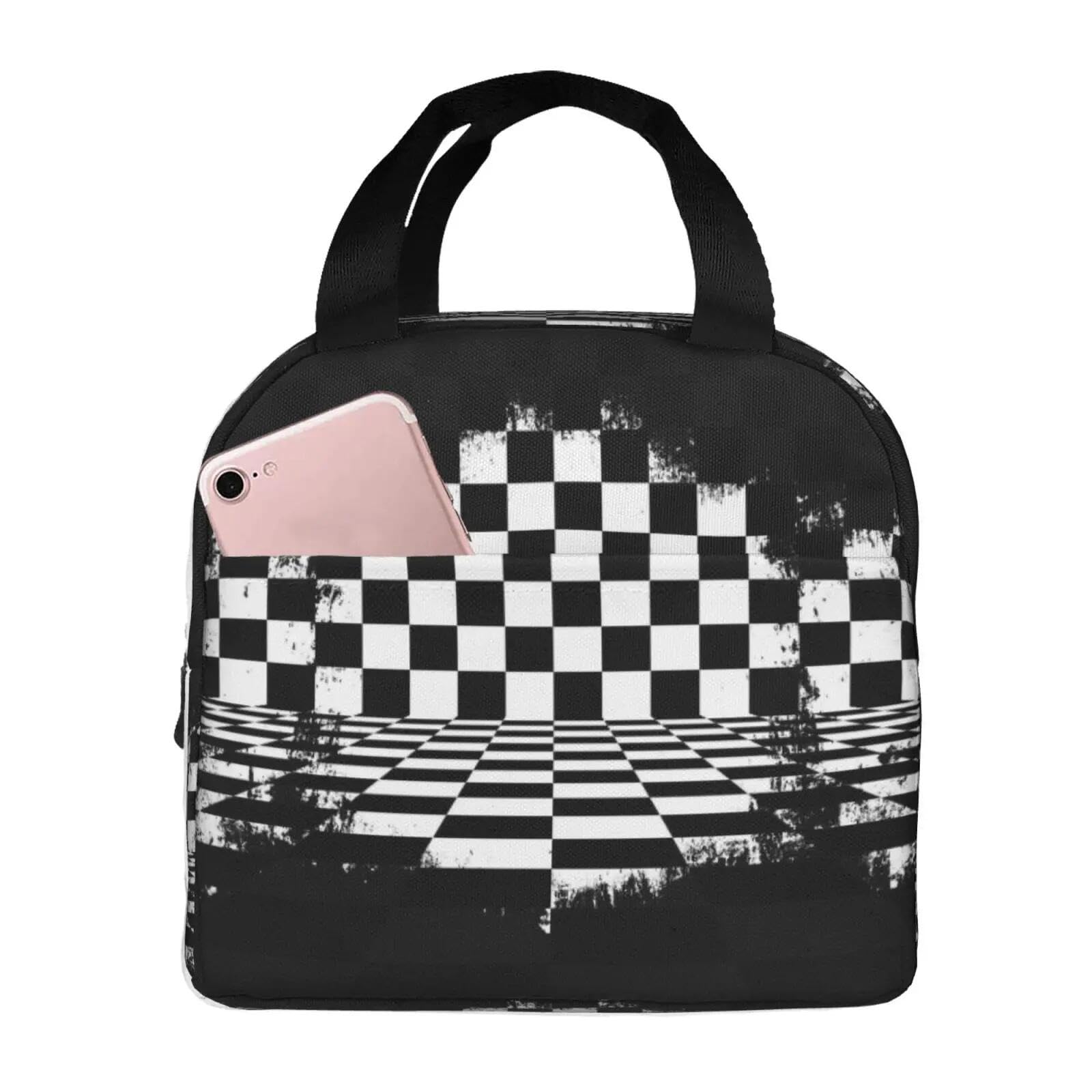 Sac bento isotherme portable enfant refroidisseur thermique repas damier noir blanc