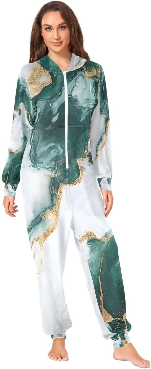 Marble Gold Gradient Green Unisex Adult Onesie Pajamas Comfy One Piece Costume Jumpsuits Novelty Sleepwear Homewear for Men Women